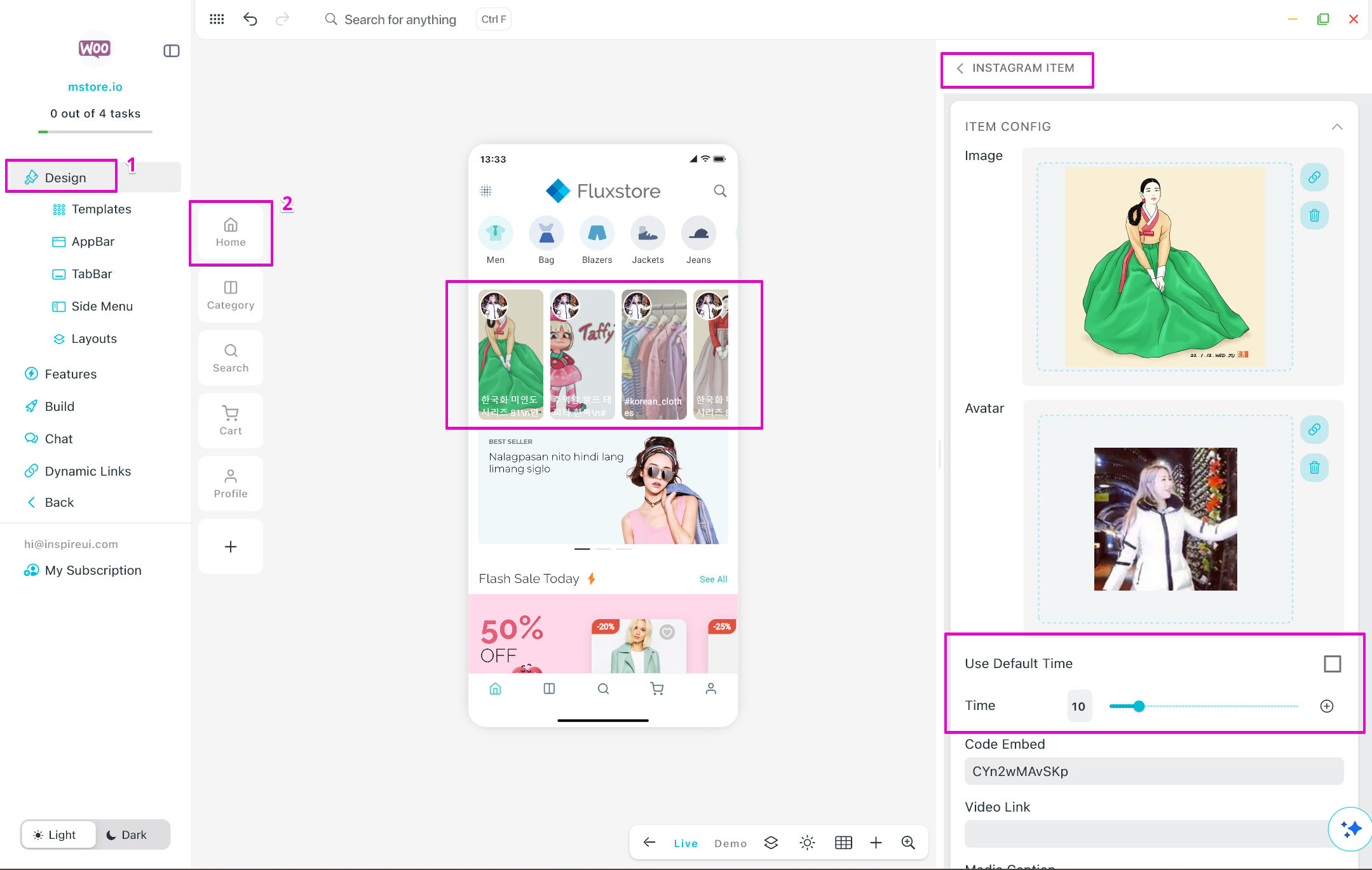 A live preview of a merchant's native FluxStore app inside the FluxBuilder editor