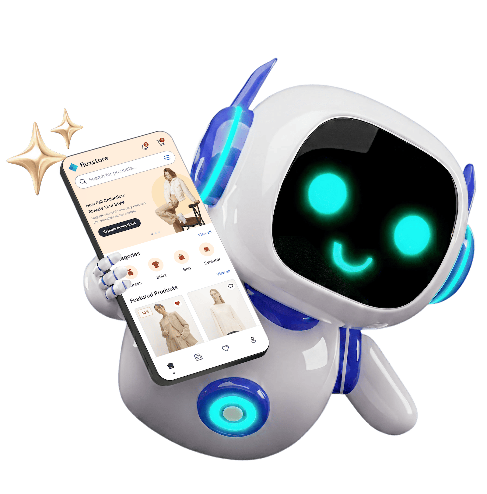 FluxBuilder mascot holding a phone running a polished native FluxStore shopping app