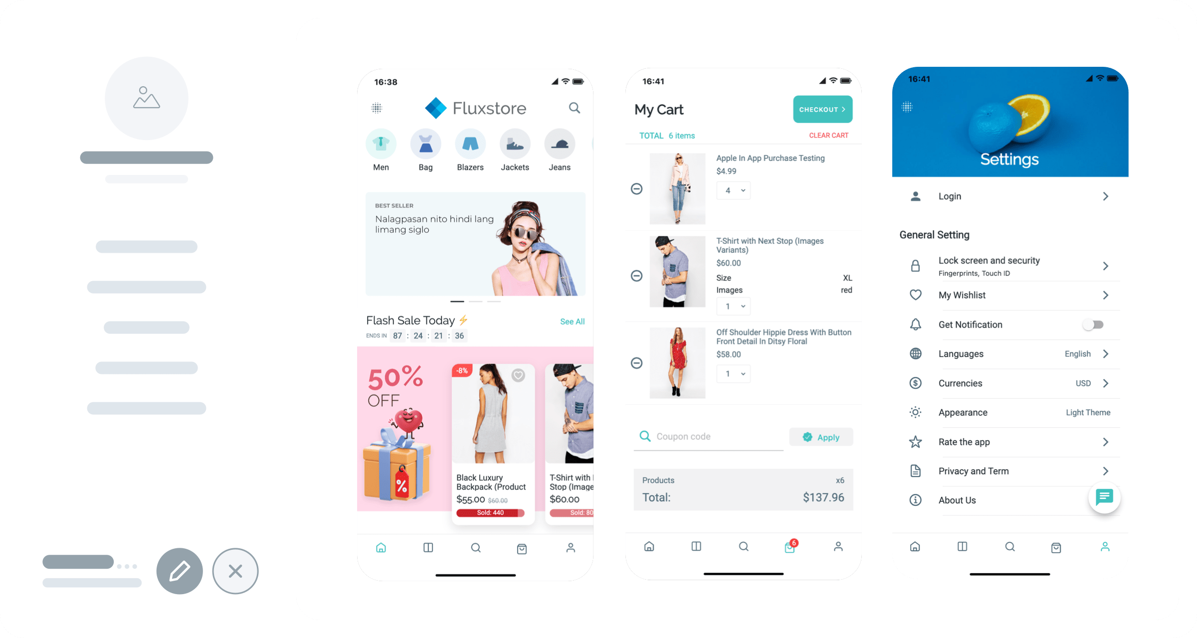 Three polished native app screens — storefront, cart and settings — that most merchants can't build themselves